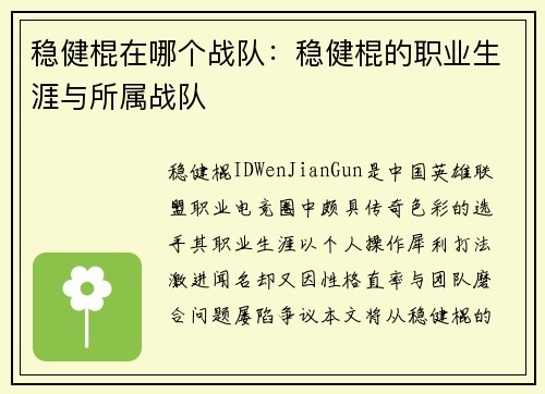 稳健棍在哪个战队：稳健棍的职业生涯与所属战队