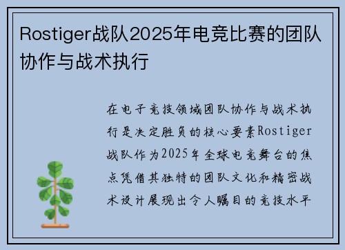 Rostiger战队2025年电竞比赛的团队协作与战术执行