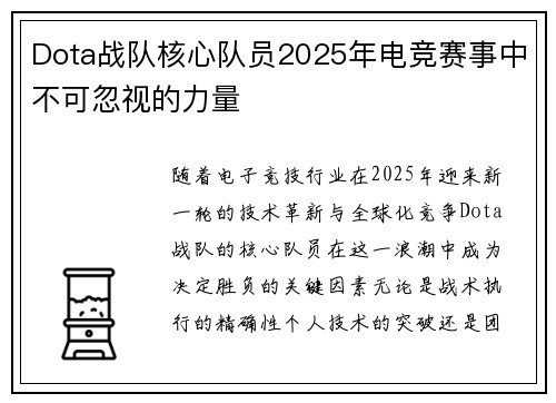 Dota战队核心队员2025年电竞赛事中不可忽视的力量