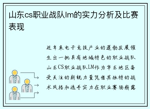 山东cs职业战队lm的实力分析及比赛表现